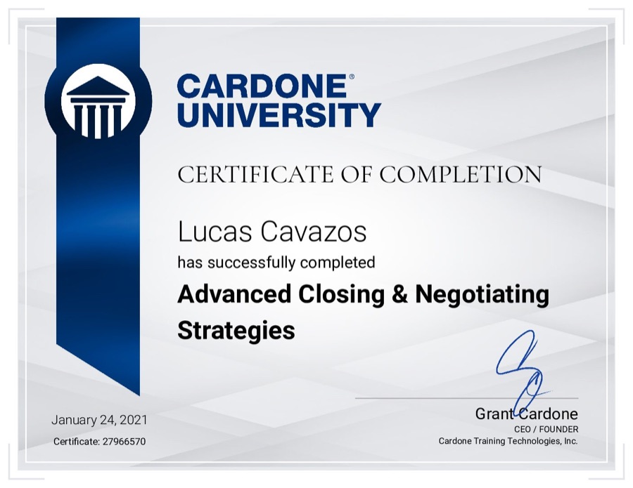 Cardone University certificate: Advanced Closing & Negotiating