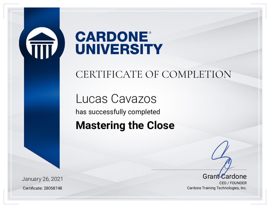Cardone University certificate: Mastering the Close