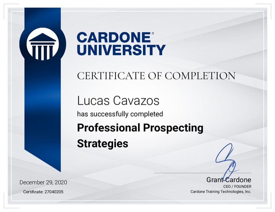 Cardone University certificate: Professional Prospecting Strategies