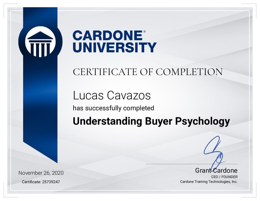 Cardone University certificate: Understanding Buyer Psychology